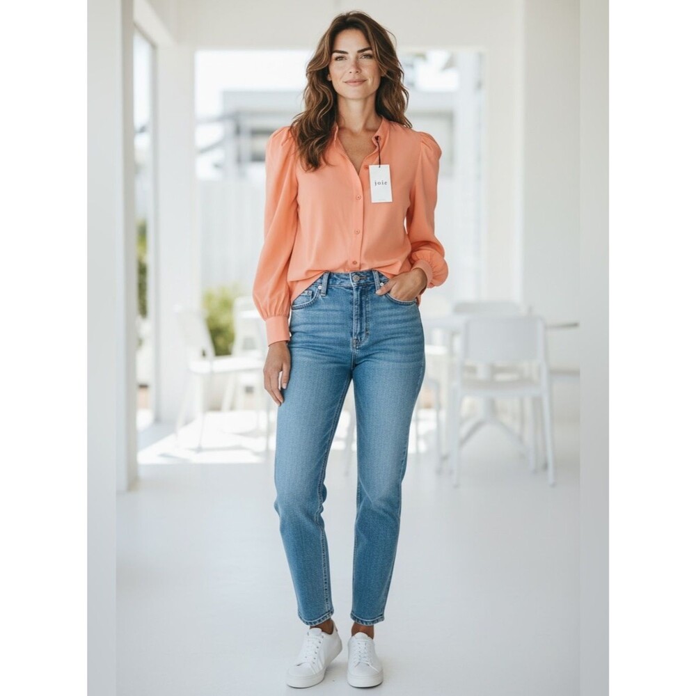 Joie Coral-Peach Button-Down Mandarin Collar Blouse